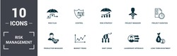 Risk Management icons set collection. Includes simple elements such as Risk Level, Risk Plan, Control, Risk Strategy, Project Manager, Production Manager and Market Trend premium icons.
