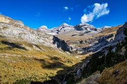 Autumn landscape view of beautiful nature in Ordesa and Monte Perdido National park, Pyrenees, Aragon in Spain.