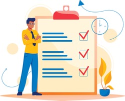 Month planning, to do list, time management. Man is standing near large to do list. Plan fulfilled, task completed. Flat concept vector illustration, isolated on white