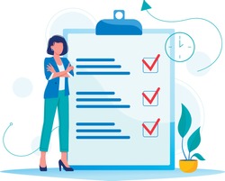 Month planning, to do list, time management. Woman is standing near large to do list. Plan fulfilled, task completed. Flat concept vector illustration, isolated on white