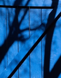 blue wooden door with black shadows of trees cast by sunlight onto blue paint on wood in afternoon light in daytime vertical format room for type door braces shaped in triangle to strengthen wood