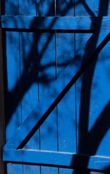 blue wooden door with black shadows of trees cast by sunlight onto blue paint on wood in afternoon light in daytime vertical format room for type door braces shaped like letter z or zed dark blue 