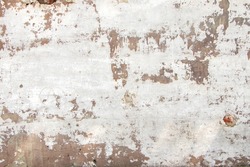 Dark Plaster Wall With Dirty White Black Scratched Horizontal Background. Old Brickwall With Peel Grey Stucco Texture. Retro Vintage Worn Wall Wallpaper. Decayed Cracked Rough Abstract Banner Surface