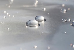 drops of water on metallic waterproof paper. liquid texture wallpaper.