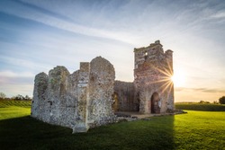 The 12th Century ruined Norman church and neolithic henge at Knowlton, Dorset, England