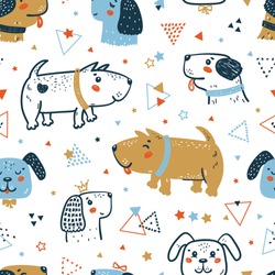 Childish Seamless Vector Pattern with Happy Cute Dogs, Triangles and Stars. Doodle Cartoon Funny Puppies Geometric Background for Kids. Abstract Wallpaper with Pet Animals for Baby Fashion