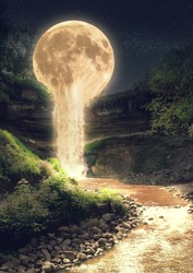 A surreal and dreamlike landscape of moonlight flowing like water into a river.