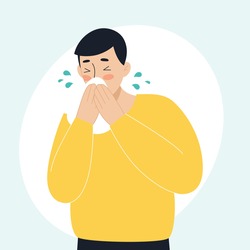 The sick man has a runny nose, sneezing. The concept of sick people, fever, colds and viral diseases, coronaviras, covid. Illustration in flat style