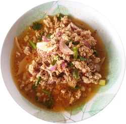 Spicy minced pork salad. Spicy minced pork meat salad is traditional local Thai food popular in Thailand in Thai called Larb Moo. Thai food concept.