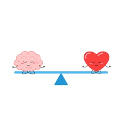 Seesaw with funny cartoon brain and heart meditating in lotus pose. Balance of logic and emotions concept. Vector flat illustration isolated on white background