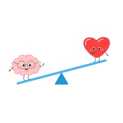 Seesaw with nerdy brain in glasses and funny confused heart. Reasons of mind outweigh emotions humorous concept. Vector flat illustration isolated on white background