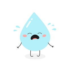 Cute sad cartoon water drop character crying splashing tears. Vector flat illustration isolated on white background