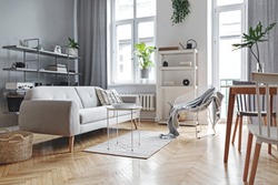 Stylish home nordic living room with design sofa, family table, plant, white and grey bookstand on the wall. A lot of plants in design pots. Brown wooden parquet.Concept of minimalistic interior.