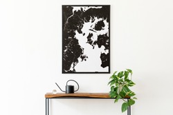Modern scandinavian interior of living room with wooden console,  plant, black watering can and elegant personal accessories. Stylish mock up poster map. Design home decor. Template.  Minimalistic.