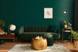 Luxury living room in house with modern interior design, green velvet sofa, coffee table, pouf, gold decoration, plant, lamp, carpet, mock up poster frame and elegant accessories. Template. 