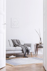 Stylish scandinavian interior of living room with design grey sofa, retro wooden table, mock up poster frame, decoration , carpet and personal accessories in elegant home decor.