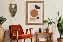 Creative composition of stylish living room interior with mock up poster frame, armchair, wooden shelf, cacti and personal and boho accessories. Plant love and nature concept. Template.