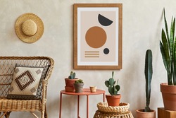 Creative composition of stylish living room interior with mock up poster frame, rattan armchair, coffee table, cacti and personal accessories. Plant love and nature concept. Template.