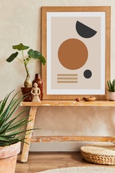 Creative composition of stylish living room interior with mock up poster frame, wooden bench, cacti and personal accessories. Plant love and nature concept. Template.