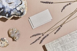 Stylish flat lay composition of creative interior with mock up visit cards, textile, rocks, wood, natural materials, dry plants and personal accessories. Neutral colors, top view, template.