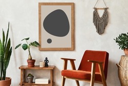 Creative composition of stylish living room interior with mock up poster frame, armchair, wooden shelf, cacti and personal and boho accessories. Plant love and nature concept. Template.