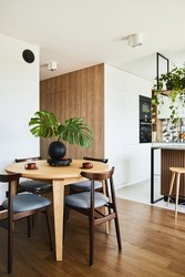 Stylish dining room interior design with dining table. Workspace with kitchen accessories on the background. Creative walls, white and wooden pannels. Minimalistic style an plant love concept. 