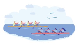 Rowing Sport Team, Competition in Natural Pond. Two Long Boat Sail Past each other, Team Men and Women. Athlete in Sportswear Rowing Oar, Apply Hand Strength. Bird Fly over Clean Water.