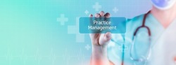 Practice Management. Doctor holds virtual card in hand. Medicine digital