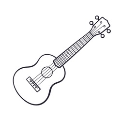 Vector illustration. Hand drawn doodle of classical guitar. String plucked musical instrument. Small acoustic guitar or ukulele. Blues or rock equipment. Cartoon sketch. Isolated on white background
