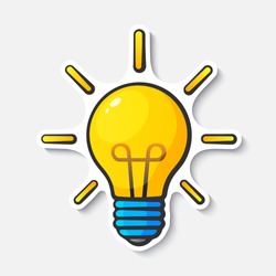 Vector illustration. Light bulb with rays of light. Cartoon funny sticker in comic style with contour. Design element for your stickers, card, posters, emblems, web design, and fabric