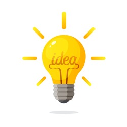 Vector illustration. Light bulb with the word of idea and rays shine. Decoration for greeting cards, prints for clothes, posters