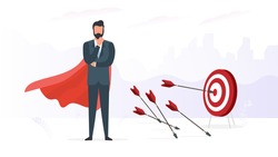 Businessman hits the target. Hit the center of the target with an arrow. Businessman with a red cloak. The concept of motivation and achievements in business. Vector.