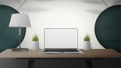 White room with work desk, laptop, lamp and houseplants. Laptop with a white screen. Vector illustration