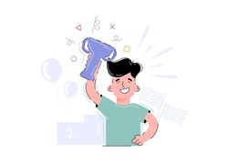 Smiling boy holding a goblet in his hands. The concept of victory. Flat style. Vector illustration