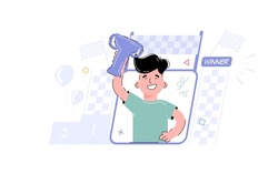 Victory theme. Smiling boy holding a goblet. Element for the design of presentations, applications and websites. Trend illustration. Vector illustration