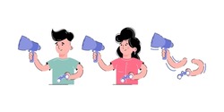 Set on the topic of search. The girl and the boy are holding a megaphone, a mouthpiece and binoculars in their hands.
