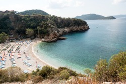 Kaş Antalya large pebble beach panoramic views sea turquoise nature beach wonderful perspective angles Tourism travel travel vacation buying now.