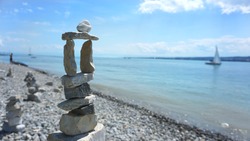 Stone sculpture on the beach of Lake Constance, Bodensee                               