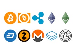 Cryptocurrency logo set - bitcoin, bitcoin cash, litecoin, ethereum, ethereum classic, monero, ripple, zcash, dash, stratis