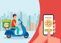 Cartoon courier going on scooter. Pizzeria concept. Online pizza order. Vector illustration. Clipart. Flat style.