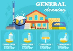 General Cleaning Concept. Dry Cleaning. Cleaning Business. Bucket, Brush, Mop and Detergent. Advertising Banner Cleaning Service. Disinfection at Home. Detergent Foam. Vector Flat Illustration.