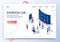 Exhibition Job Horizontal Banner. People Walking near Huge Screen with List of Profession Offers. Advertising Products Stands or Services at Trade Fair or Exhibition. 3D Isometric Vector Illustration.