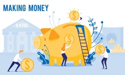 People Put Money in Piggy Bank. Making Monay. From Poverty to Wealth. Achive Goal. Vector Illustration. Way to Victory. Earn Money. Financial Stability. Bank Money System. Toss Coins into Piggy Bank.