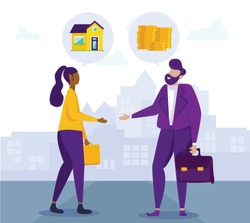 Handshake Client and Broker. Housing Installments. Vector Illustration. Coin and Banknote. Saving. White Background. New Housing. Seller and Buyer. Broker and Client. Handshake Man and Women.