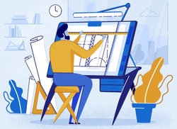 Man Architect Creator Drafting Flat Cartoon Vector Illustration. Architectural Desk for Sketching. Large Sheet Paper, Ruler Architect Workplace. Engineer Office Room Workshop. Creating Project.