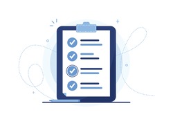 Clipboard vector illustration of a to-do list with pen. Page of work performed, preparation of the questionnaire, filling out documents. Organizer. Blue notebook, tablet. Check mark. Eps 10