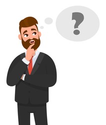 Thoughtful young business man thinking. Question mark icon in thought bubble. Emotion and body language concept in cartoon style vector illustration.