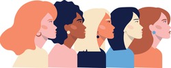 Illustration of five female faces of different ethnicity. Women empowerment movement banner. International Women's Day vector.