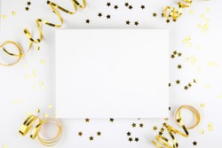 Christmas canvas mockup with golden festive decoration ribbon, stars on a white background. Design element for Christmas and New Year congratulation, thank you, greeting or invitation card, art work