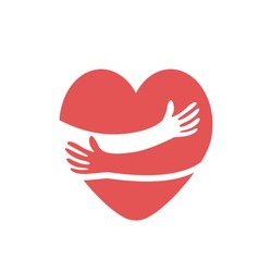 Red heart shape with hand embrace. Hug yourself logo. Vector